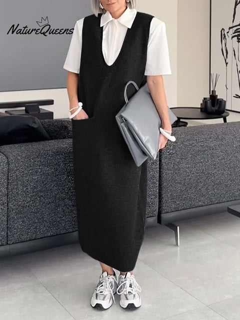 Women's Solid Color V-Neck Sleeveless Casual Loose Vest Dress