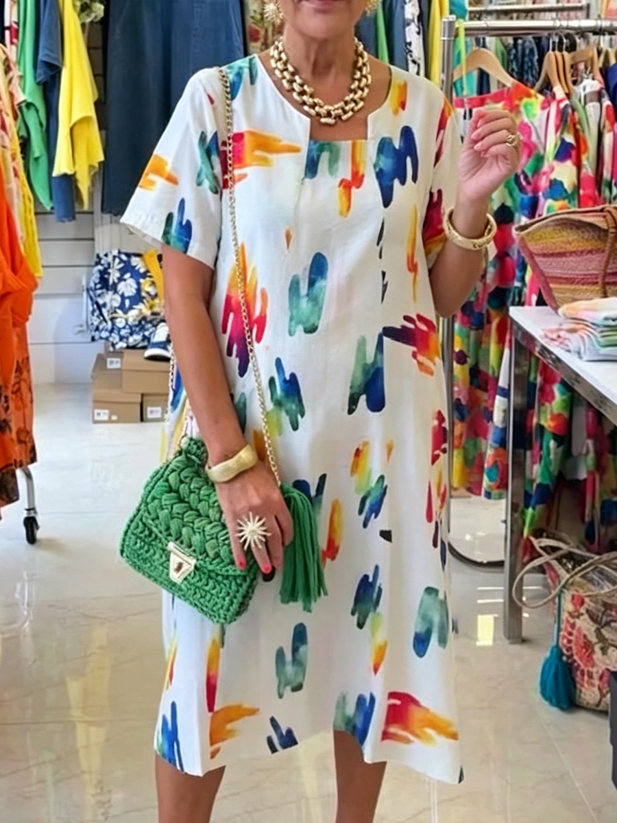 Rainbow Splatter Print V-neck Midi Dress