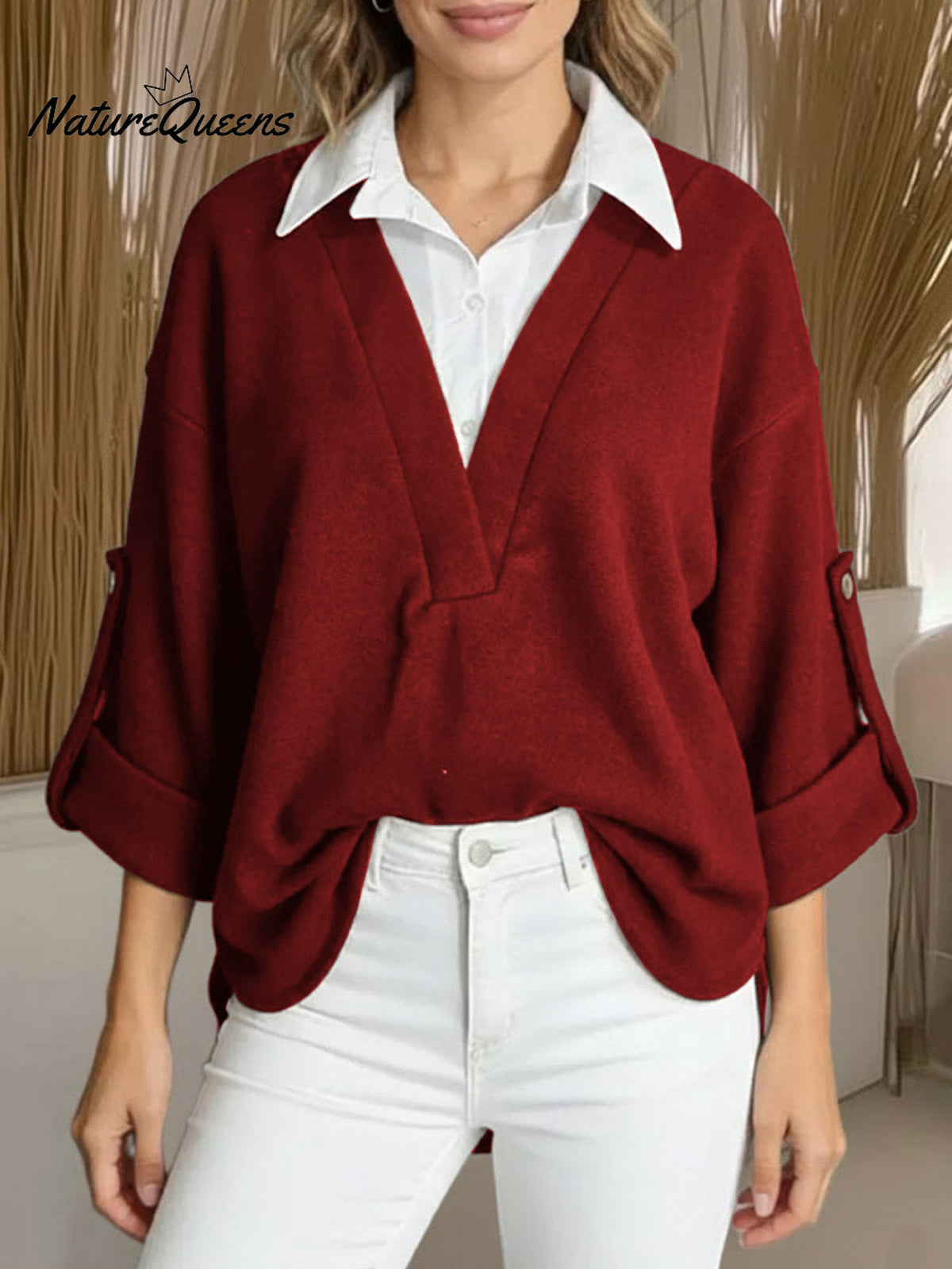 Women's Long-sleeved Casual Loose Shirt With Contrasting Color Splicing And A Faux Two-piece Design.