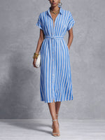 Women's Striped Print Lapel Short-sleeved Casual Loose Shirt Dress