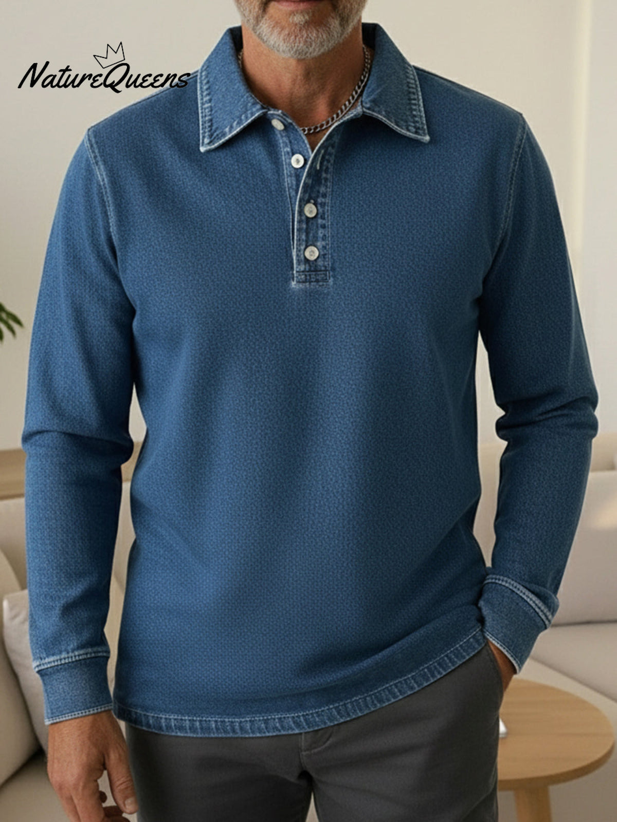 Casual Loose-fitting Polo Button-up Denim Sweatshirt