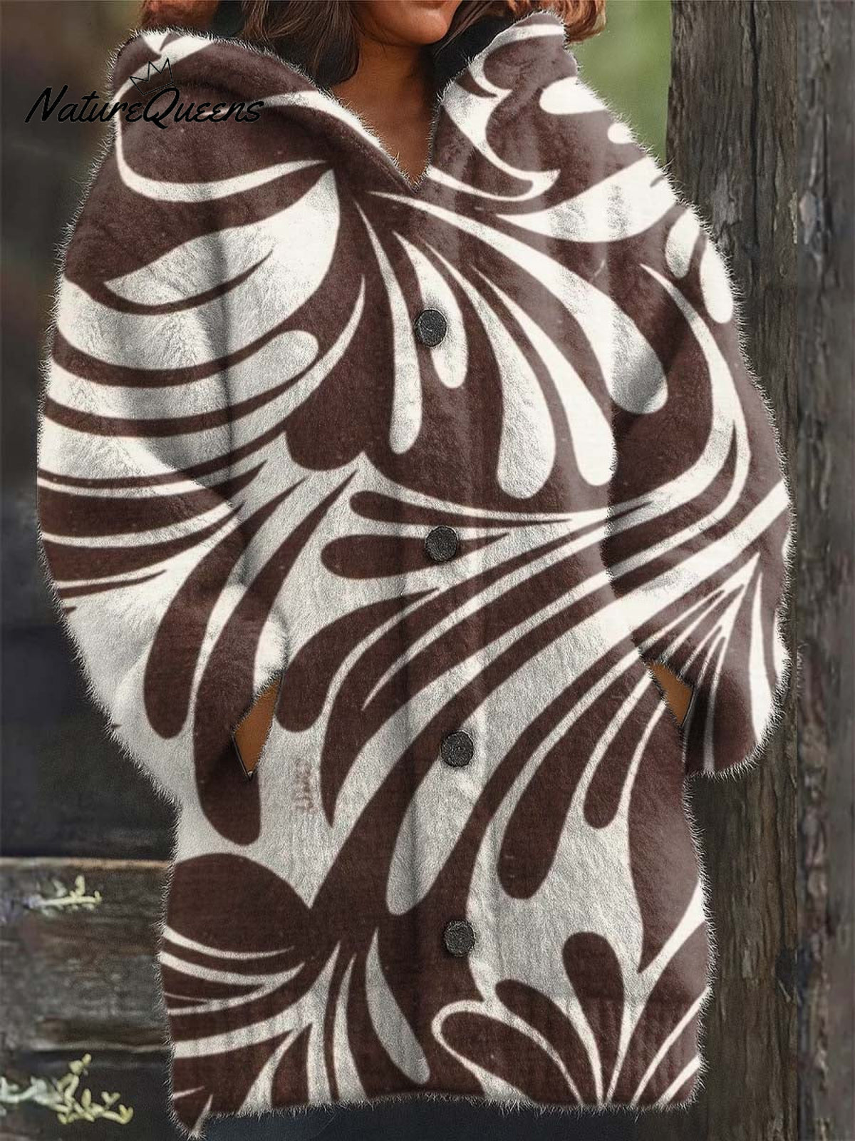 Abstract Art Geometric Floral Decorative Pattern Casual Long Sleeve Hooded Coat