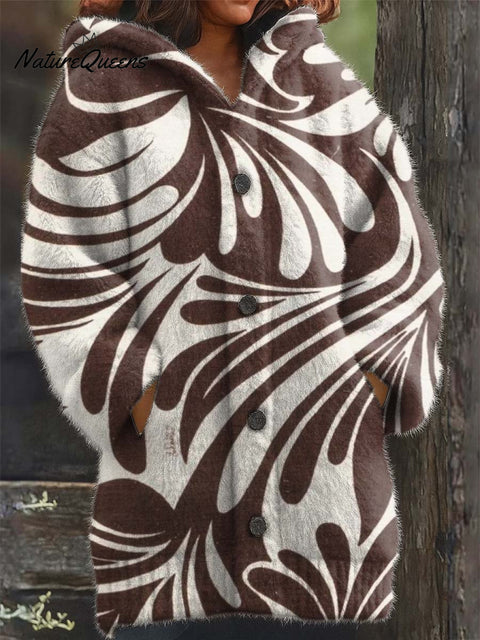 Abstract Art Geometric Floral Decorative Pattern Casual Long Sleeve Hooded Coat