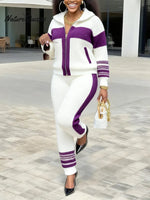 Women's Color Block Stand Collar Long Sleeve Casual Loose Knit Cardigan Top And Elastic Waist Casual Pants Set