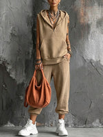 Women's V-neck Sleeveless Sports Hooded Top And Cropped Tapered Pants Two-piece Set
