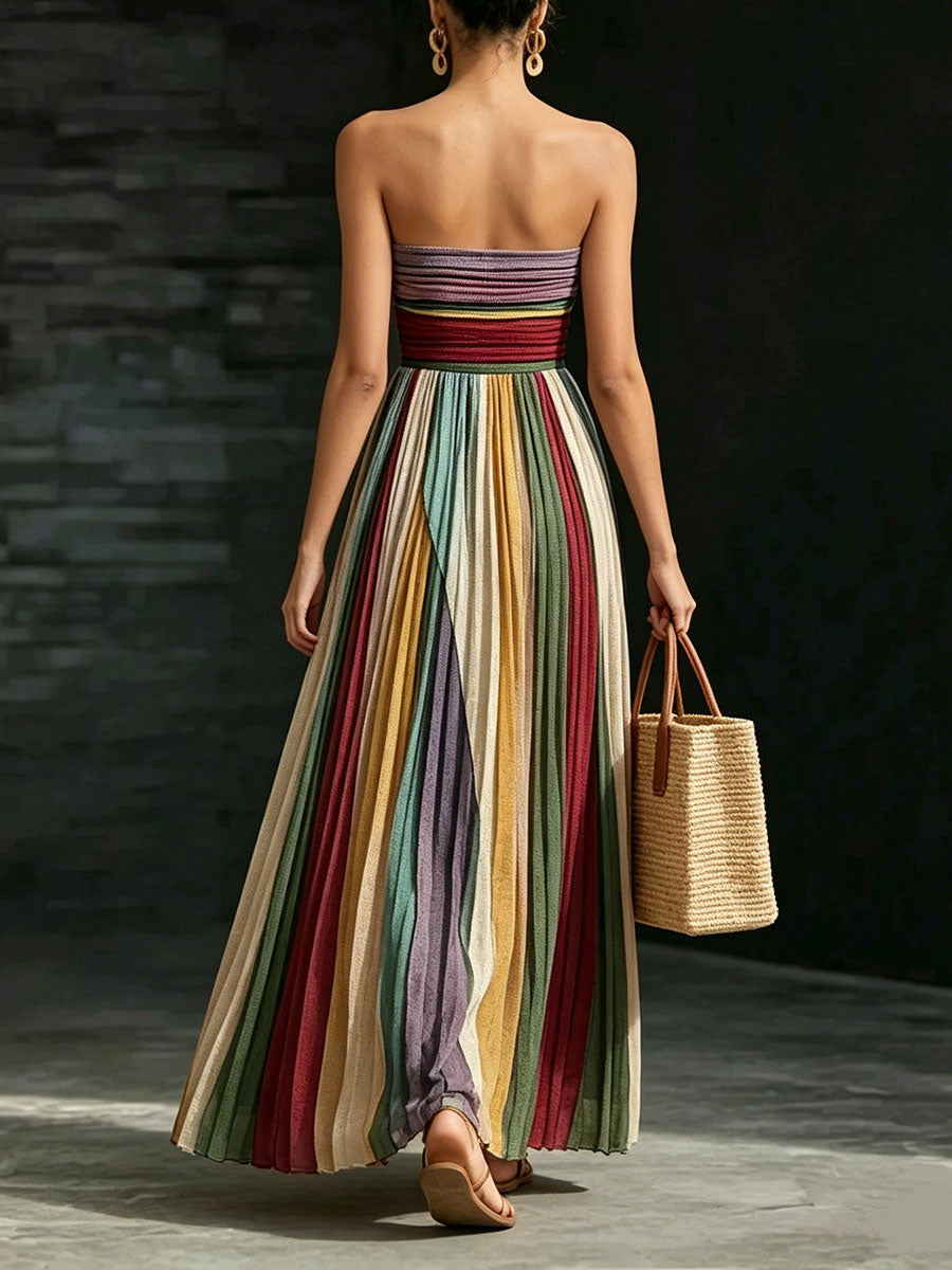Women's Strapless Pleated Multi-color Patchwork Maxi Dress