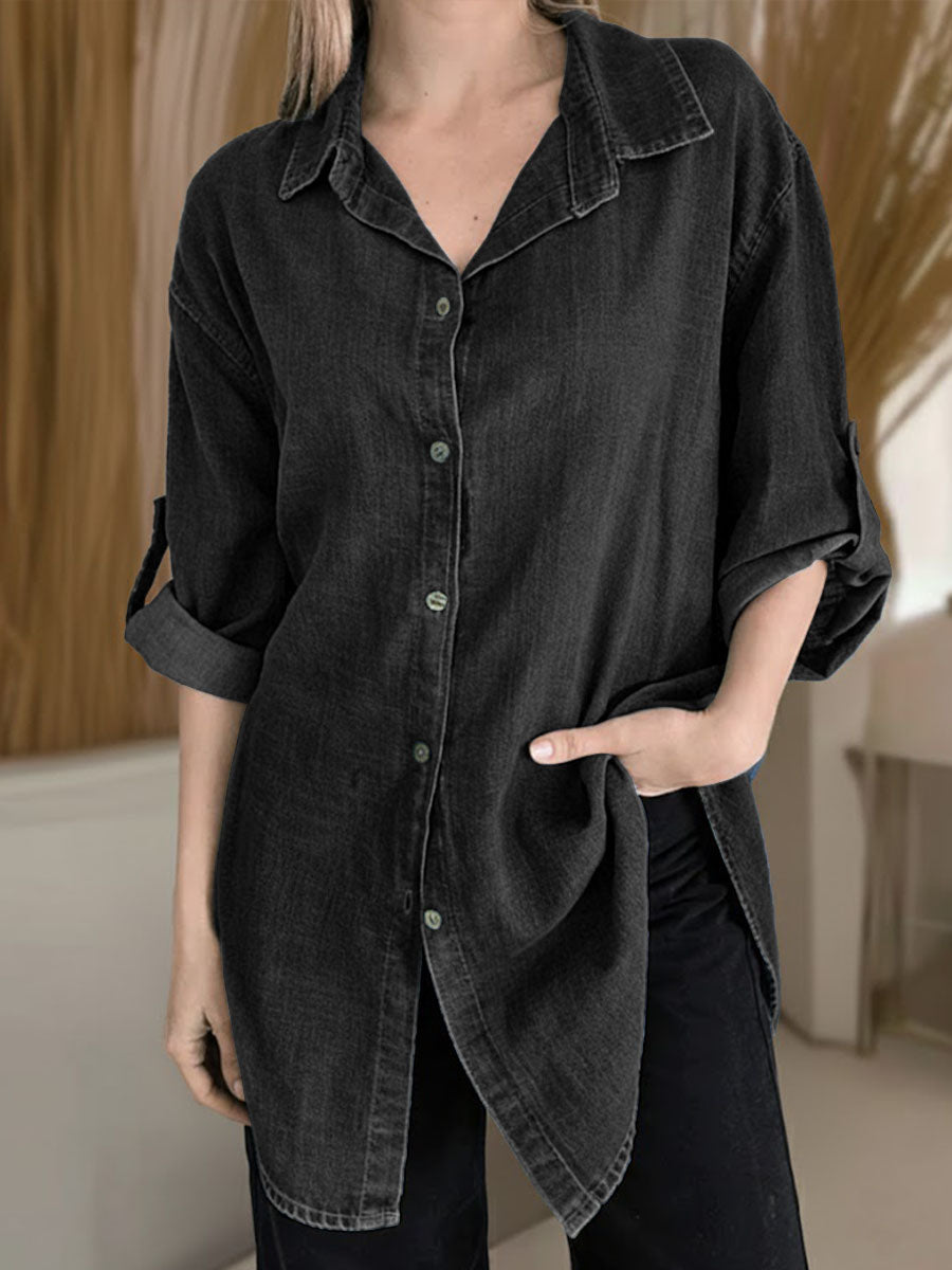 Women's Lapel Long-sleeved Casual Loose Denim Shirt