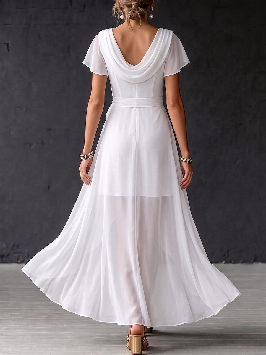 Women's Solid Color Cowl Neck Short-sleeve Casual Loose Chiffon Dress