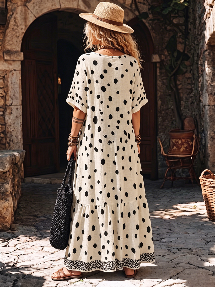 Breathable Polka-dot Cotton-linen Boho Dress With Pockets