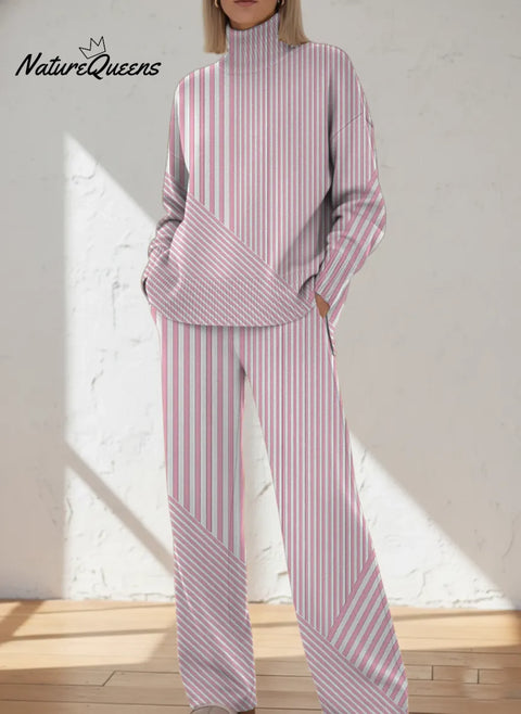 Women's Abstract Striped Pattern Art Print Casual Knitted Cotton Top Pants Suit
