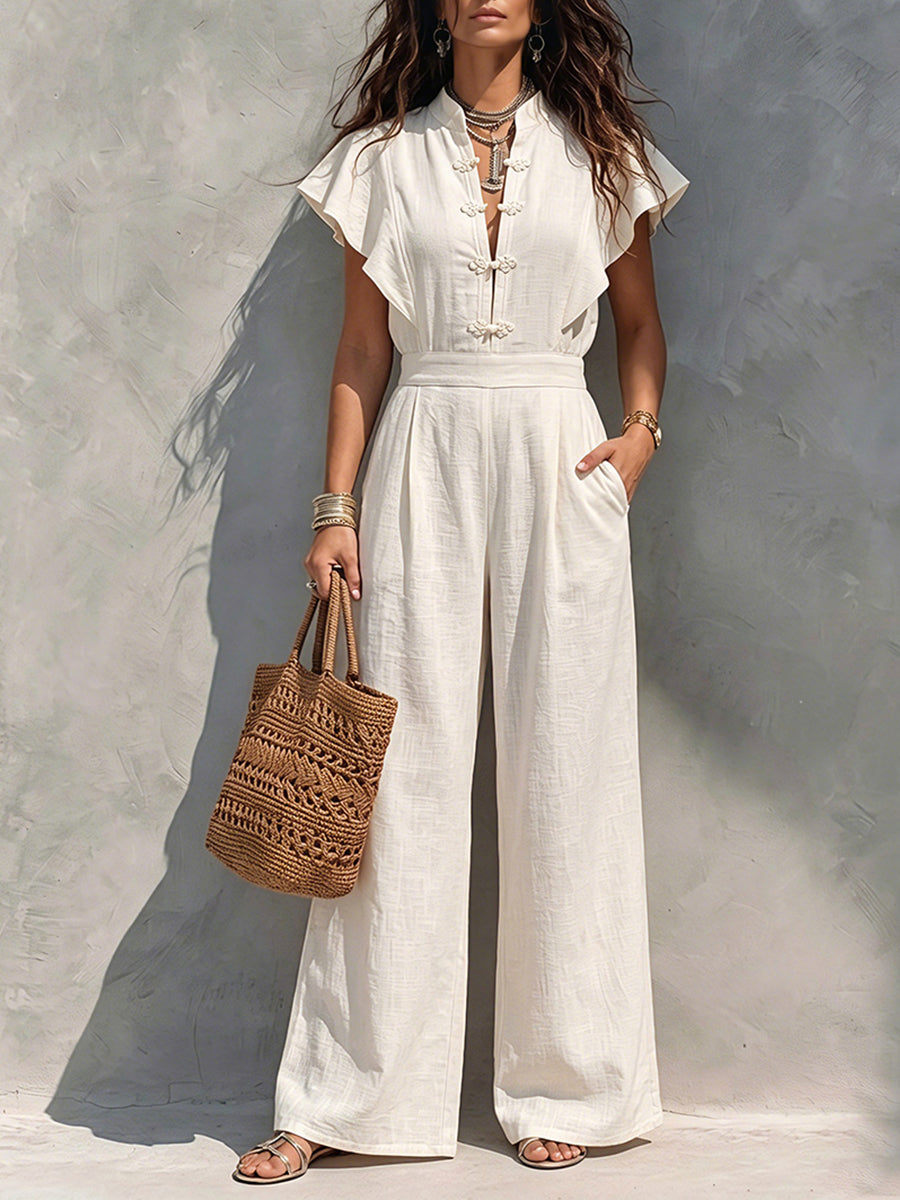 Vacation-Style Women's Linen-Blend Jumpsuit — Stand Collar, Chinese Knot Buttons, Flowy Short Sleeves, High Waist, and Wide-Leg Pants