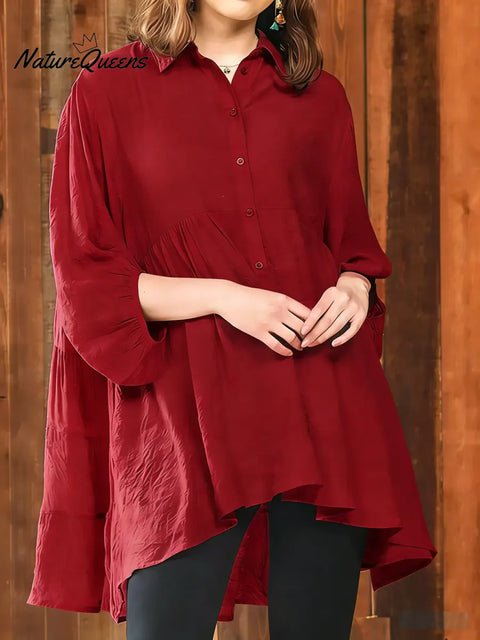 Women's Solid Color Lapel Long-sleeved Casual Loose Cotton Shirt