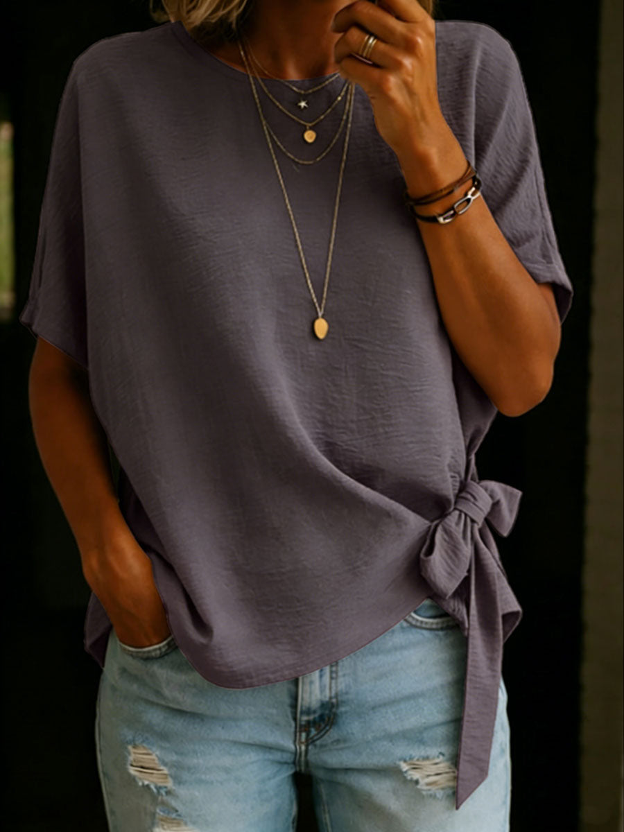Women's Solid Color Round Neck Short-sleeved Tie-front Linen Cotton Shirt