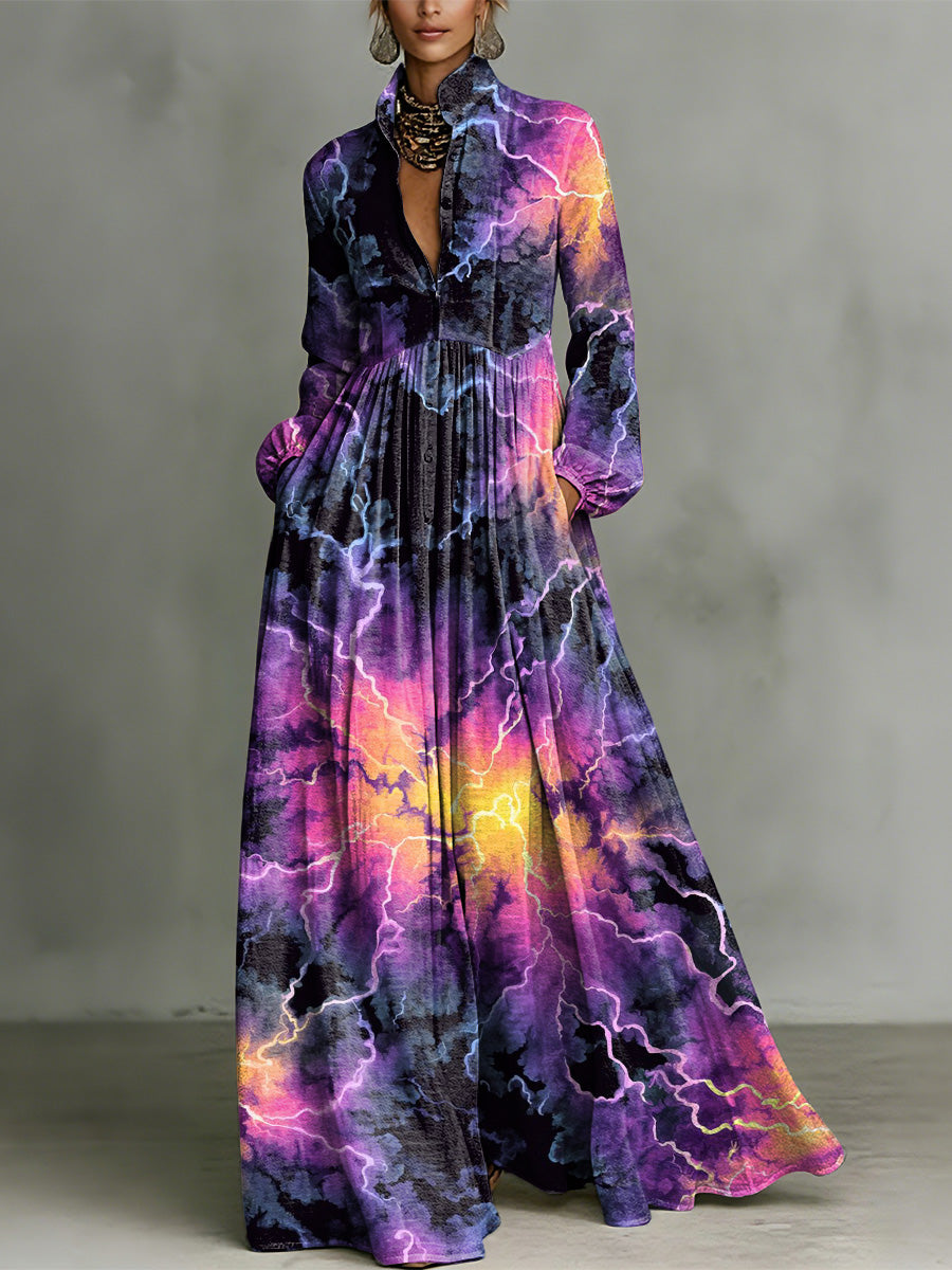 Colorful Lightning And Cloud Decorative Pattern Women's Long Sleeve Shirt Collar Dress