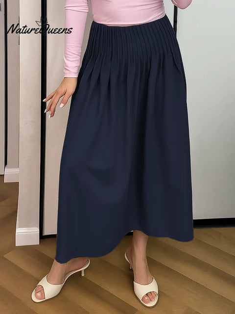 Women's Solid Color High-waisted Casual Pleated A-line Cotton Midi Skirt