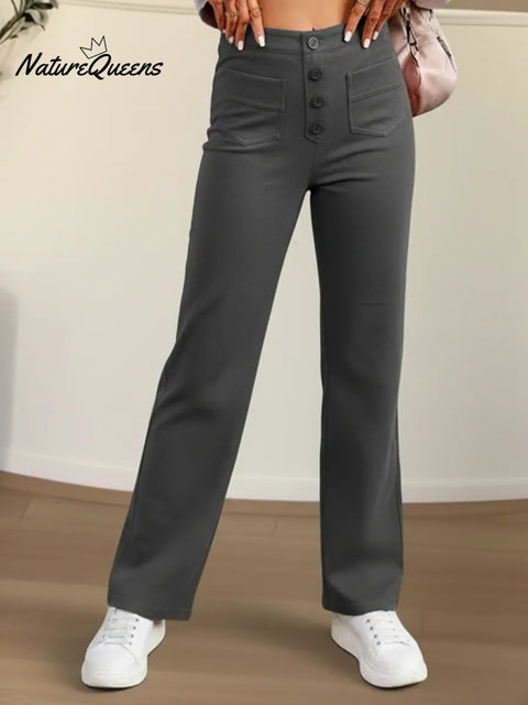 Women's Casual High-waisted Button Elastic Straight Leg Pants