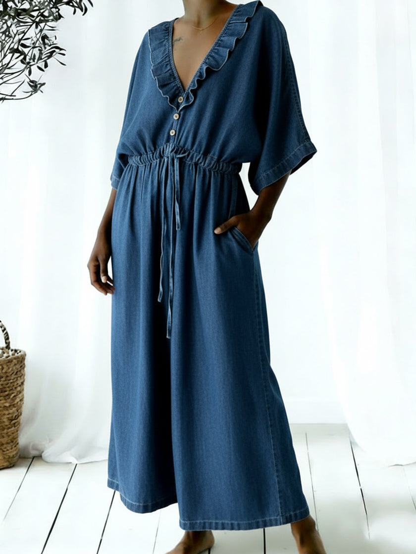 Casual Ruffled Collar Loose Denim Jumpsuit