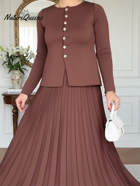 Elegant Knit Top With Metallic Buttons And Pleated Skirt Two-piece Set