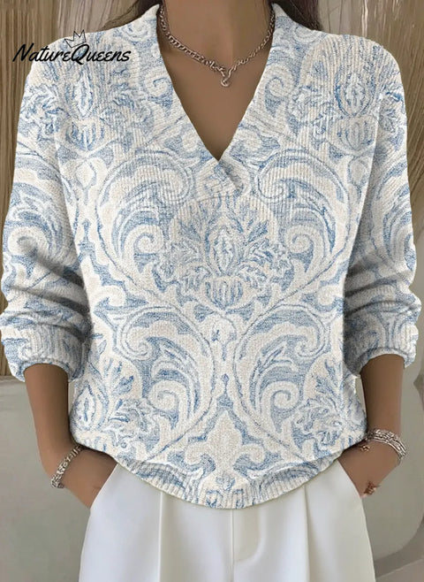 Blue Ethnic-style pattern Print V-Neck Sweater