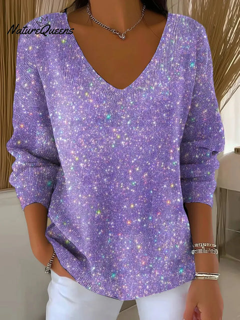 Women's Solid Color Shiny Print V-neck Sweater