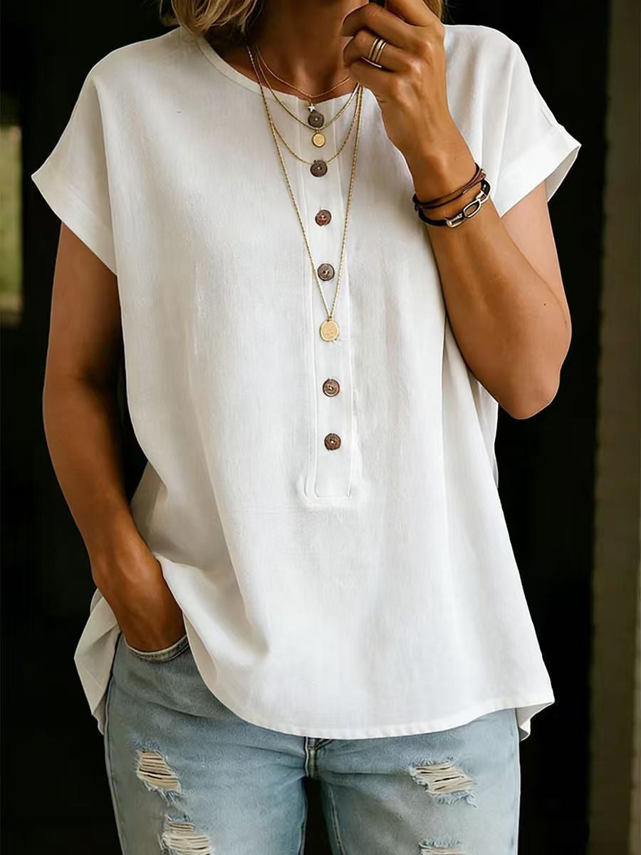 Women's Round Neck Short-sleeve Linen Cotton Top