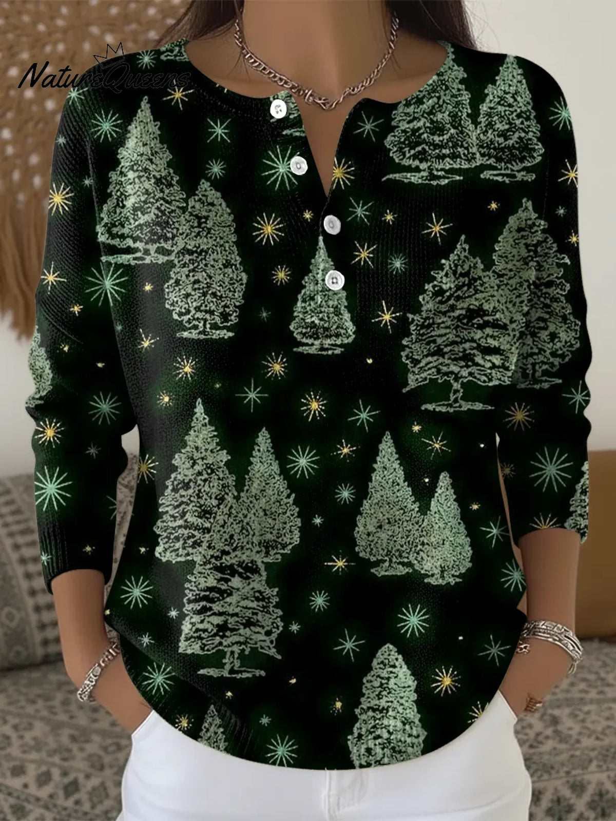 Women's Green Tree Art Casual Printed Sweater