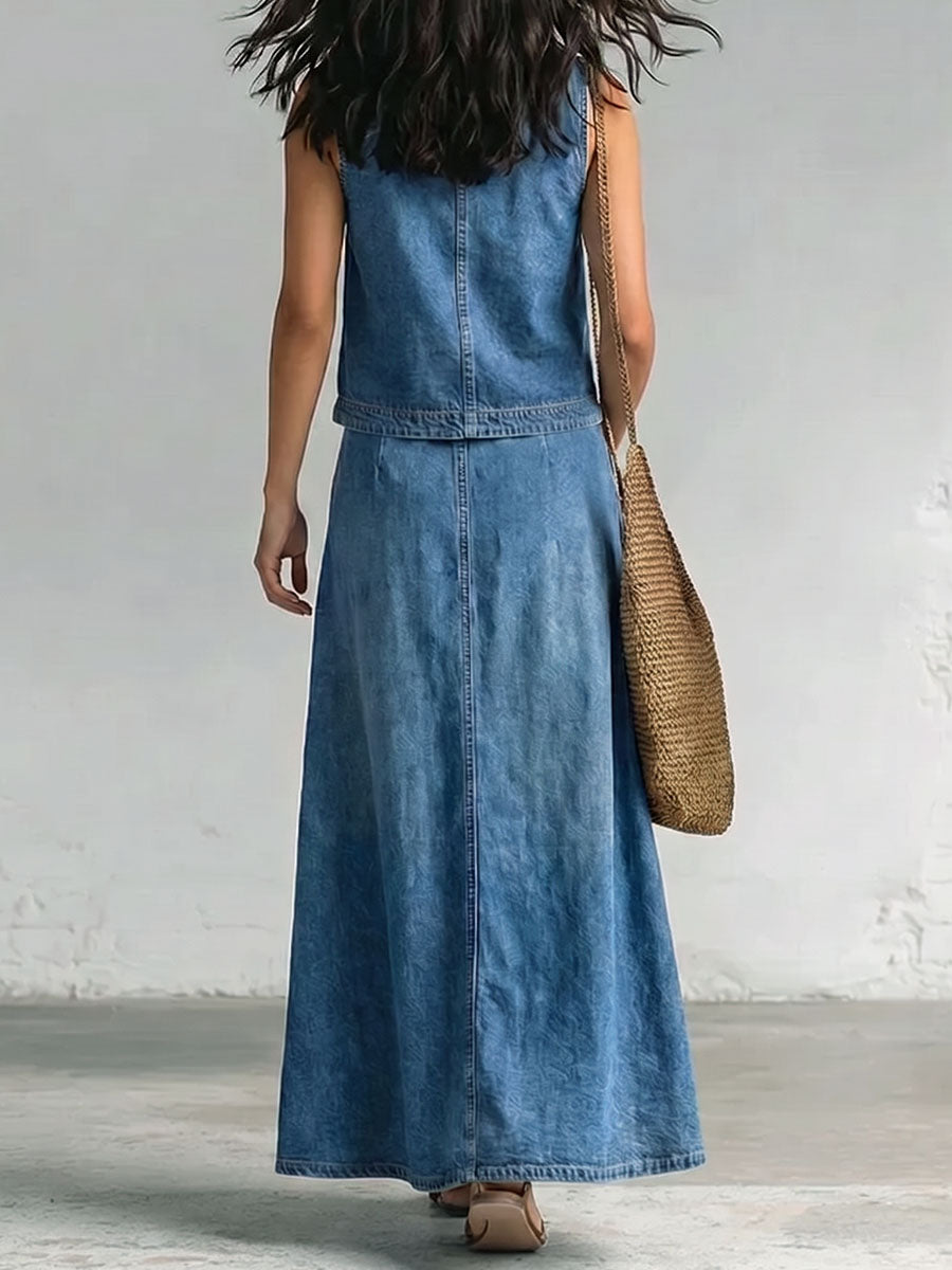 Women's Casual Denim Set: Sleeveless Loose-fit Top With Peter Pan Collar & High-waisted A-line Skirt