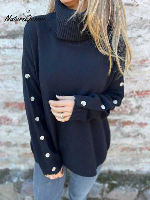 Women's Solid Color Casual Turtleneck Button Sweater