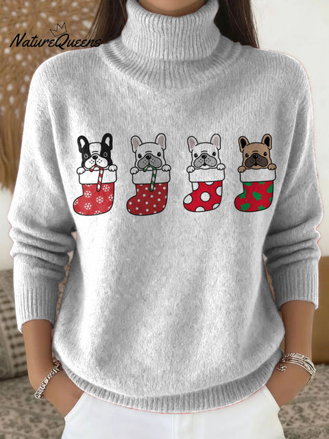 Cute dogs and Christmas stocking decorations Casual High Stretch Long Sleeve Sweater