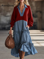 Women's Striped Print Color-blocked V-neck Long-sleeved Casual Loose Dress