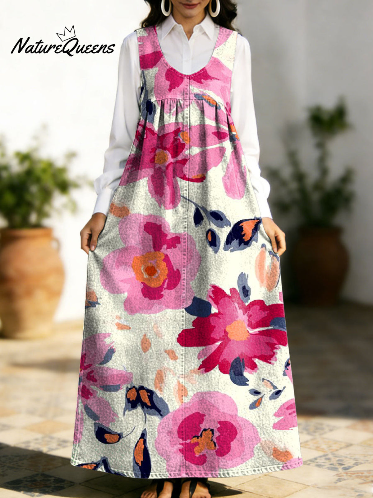 Women's Retro Colorful Flowers Pattern Art Print Casual Cotton Denim Dress