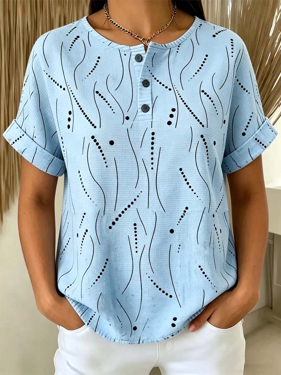Women's Abstract Art Print Casual Short Sleeve Cotton Linen Shirt