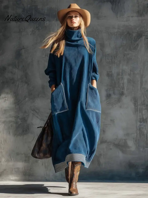 Women's Solid Color High Neck Long Sleeve Casual Loose Pocket Dress