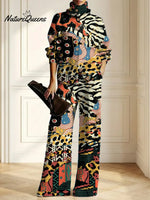 Women's Abstract Pattern Art Print Casual Cotton Knitted Suits