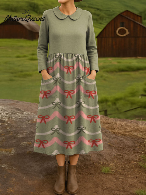 Christmas lace bow decorative pattern Casual Long Sleeve Dress