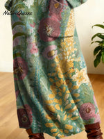 Women's Retro Floral Flowers High-neck Long-sleeve Casual Loose Knit Dress