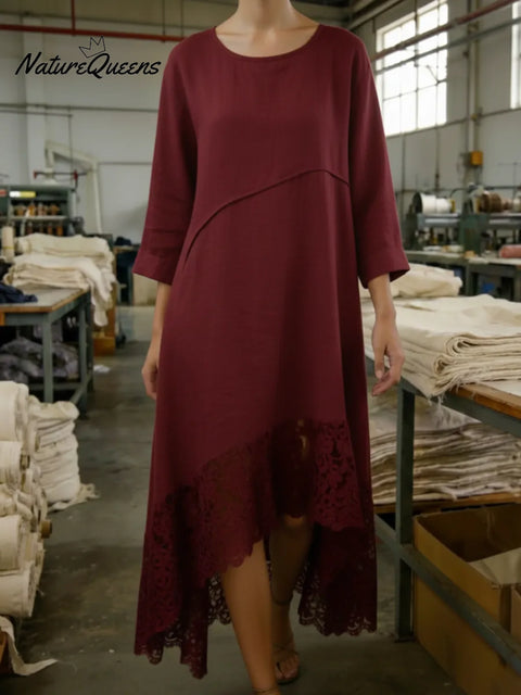 Elegant Cozy Flowy Lace-patch Linen Dress