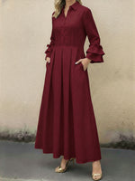 Women's Ruffled Sleeve Linen And Cotton Long Dress