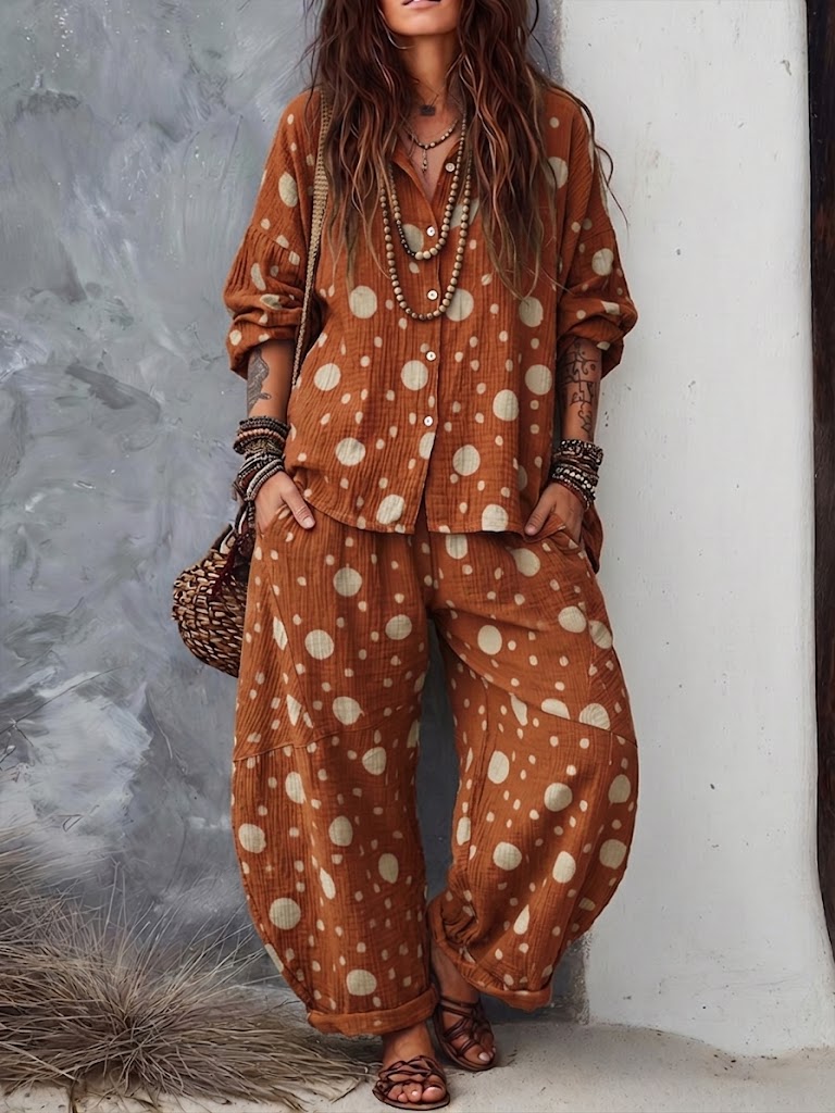 Loose-fit Casual Polka-dot Print Linen And Cotton Shirt And Pants Two-piece Set
