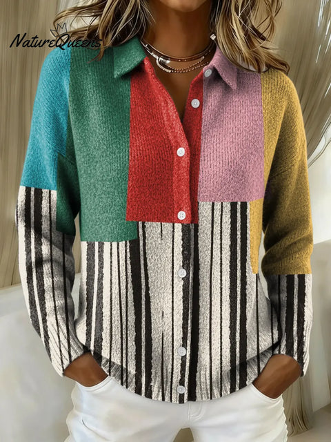 Women's Retro Colorful Geometry Printed Collared Sweater