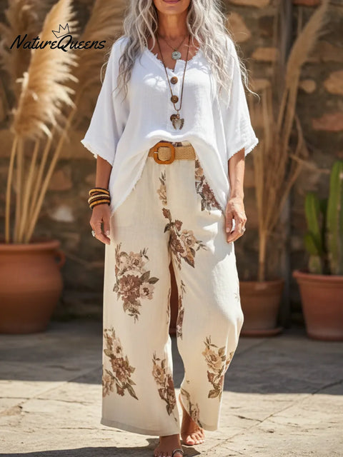 Button-down Top And Printed Wide-leg Trousers Linen Two-piece Set