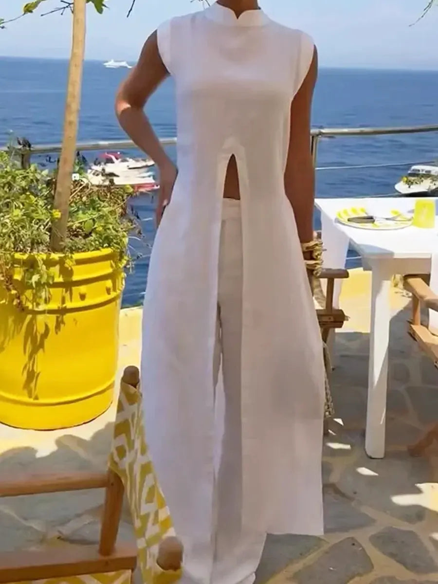 Women's Stylish Casual Elegant Resort Cotton Linen Front Slit Midi Top And Elastic Waist Loose Pants Set