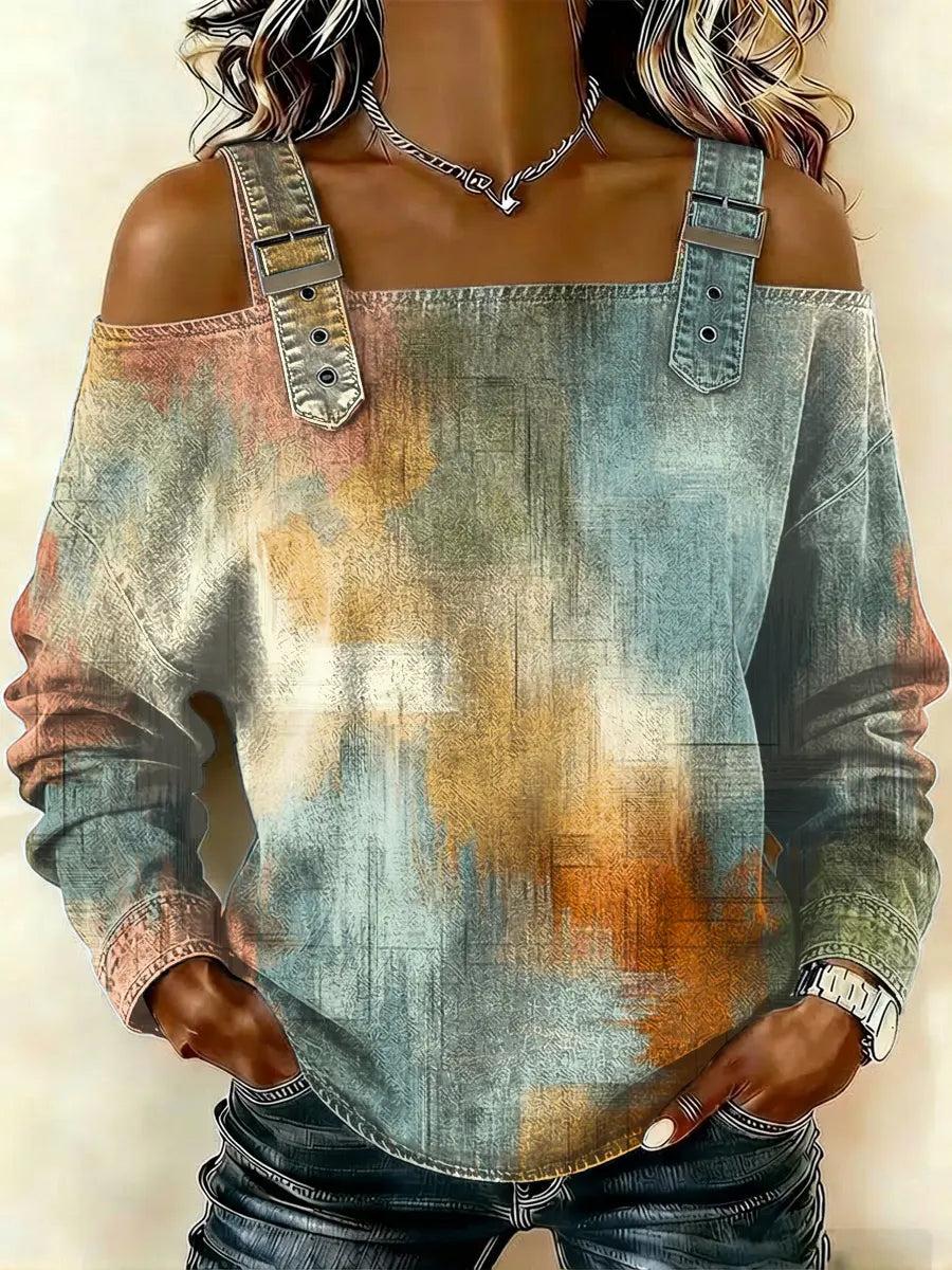 Women‘s Vintage Art Print Casual Cotton Denim Shirt