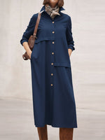 Women's Solid Color Lapel Long-sleeved Casual Loose Cotton And Linen Shirt Dress