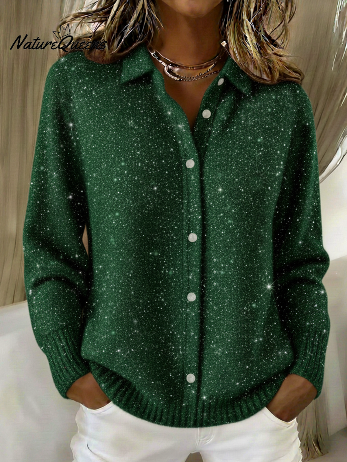 Women's Christmas Shirt Button Sequin Sparkling Sweater