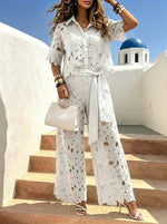 Women‘s Solid-color Cut-out Cardigan Top And Wide-leg Pants Two-piece Set For Women