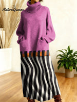 Women's Retro Abstract Geometric Colorful Splicing Patterns Art High-neck Long-sleeve Casual Loose Knit Dress