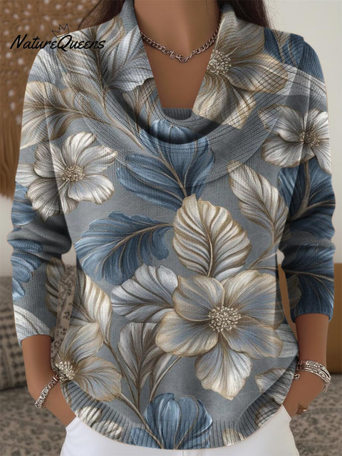 Elegant Blue Floral Decorative Pattern Women's Casual Swing Collar Long Sleeve Sweater