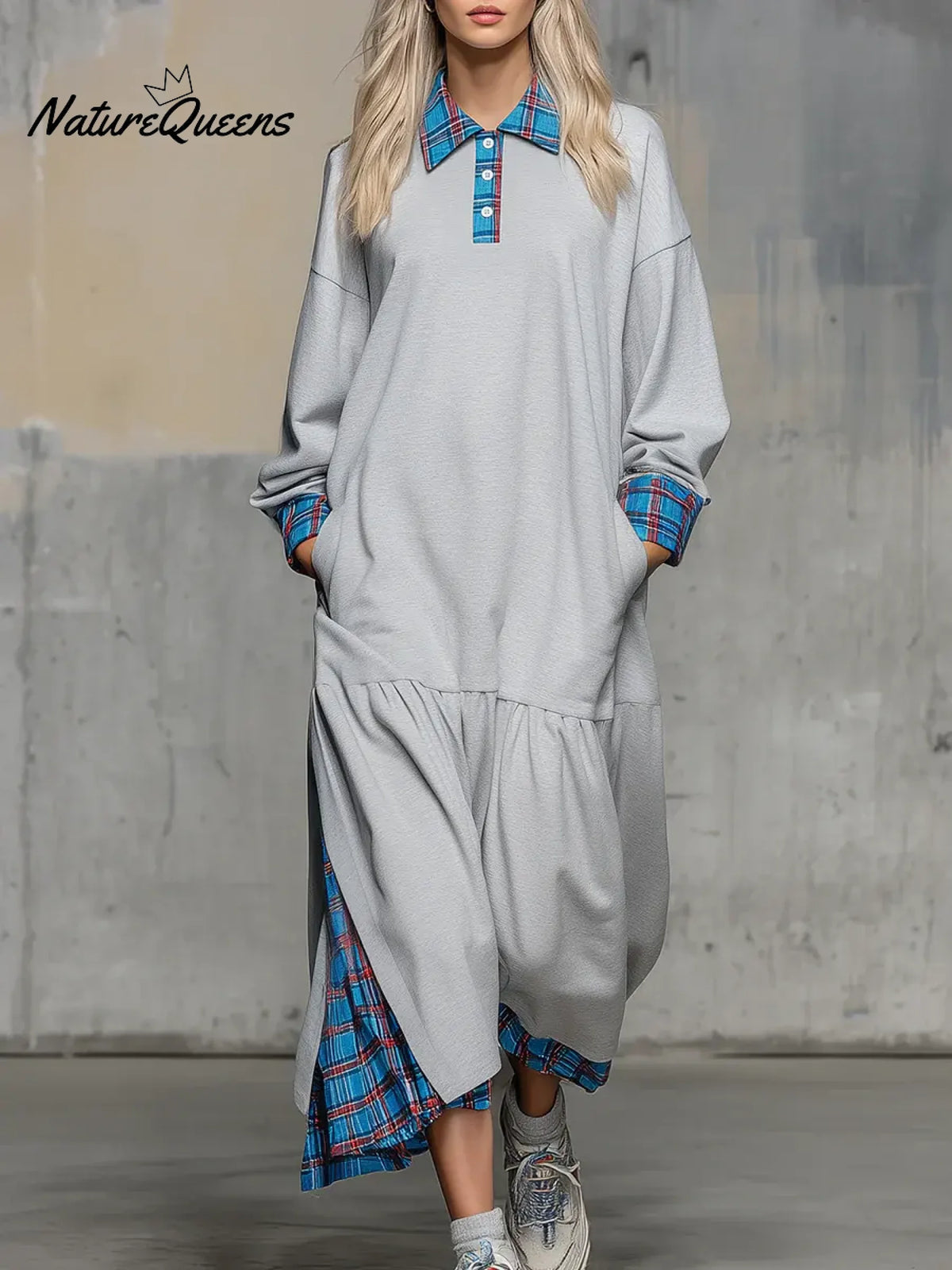 Women's Solid Color Patchwork Plaid Print Shirt Collar Long-sleeved Casual Loose Dress