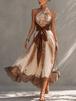 Gradient Leopard Print Halter Tie-Strap Top + Pleated Lace-Paneled Skirt Set